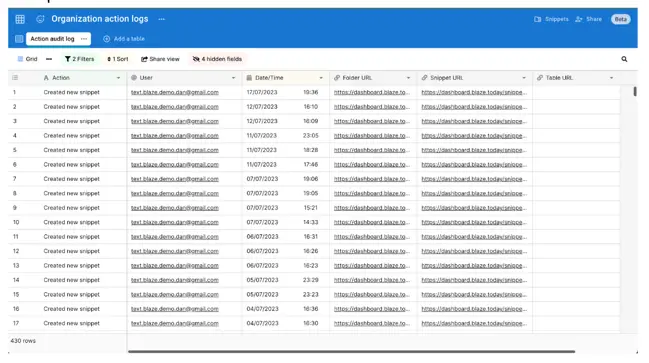 An example of an audit log in Data Blaze