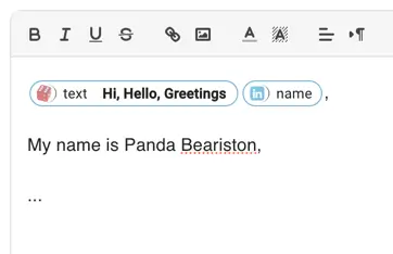 Command packs being used in a snippet to randomize a greeting and get the full name of a linkedin user