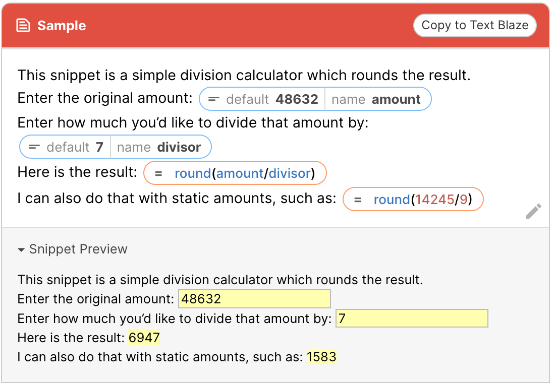 a snippet using formulas calculating a percentage