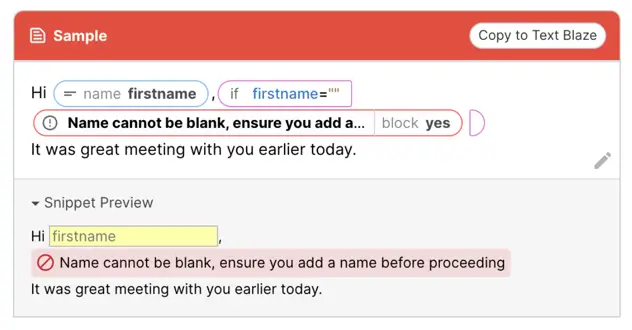 a snippet showing an error message with failed validation